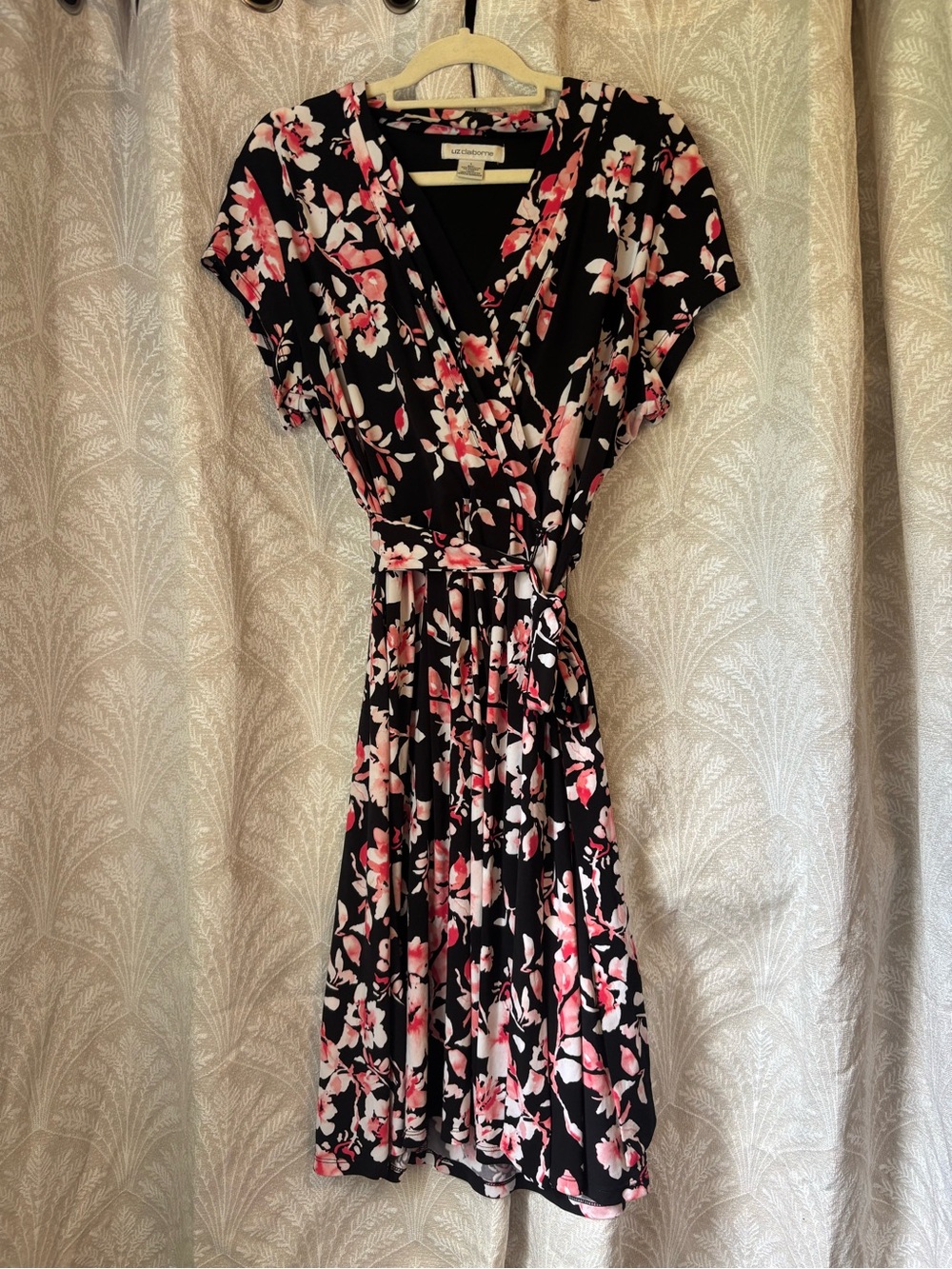 Liz Claiborne Black Floral Feaux Wrap Dress with Pink Accents